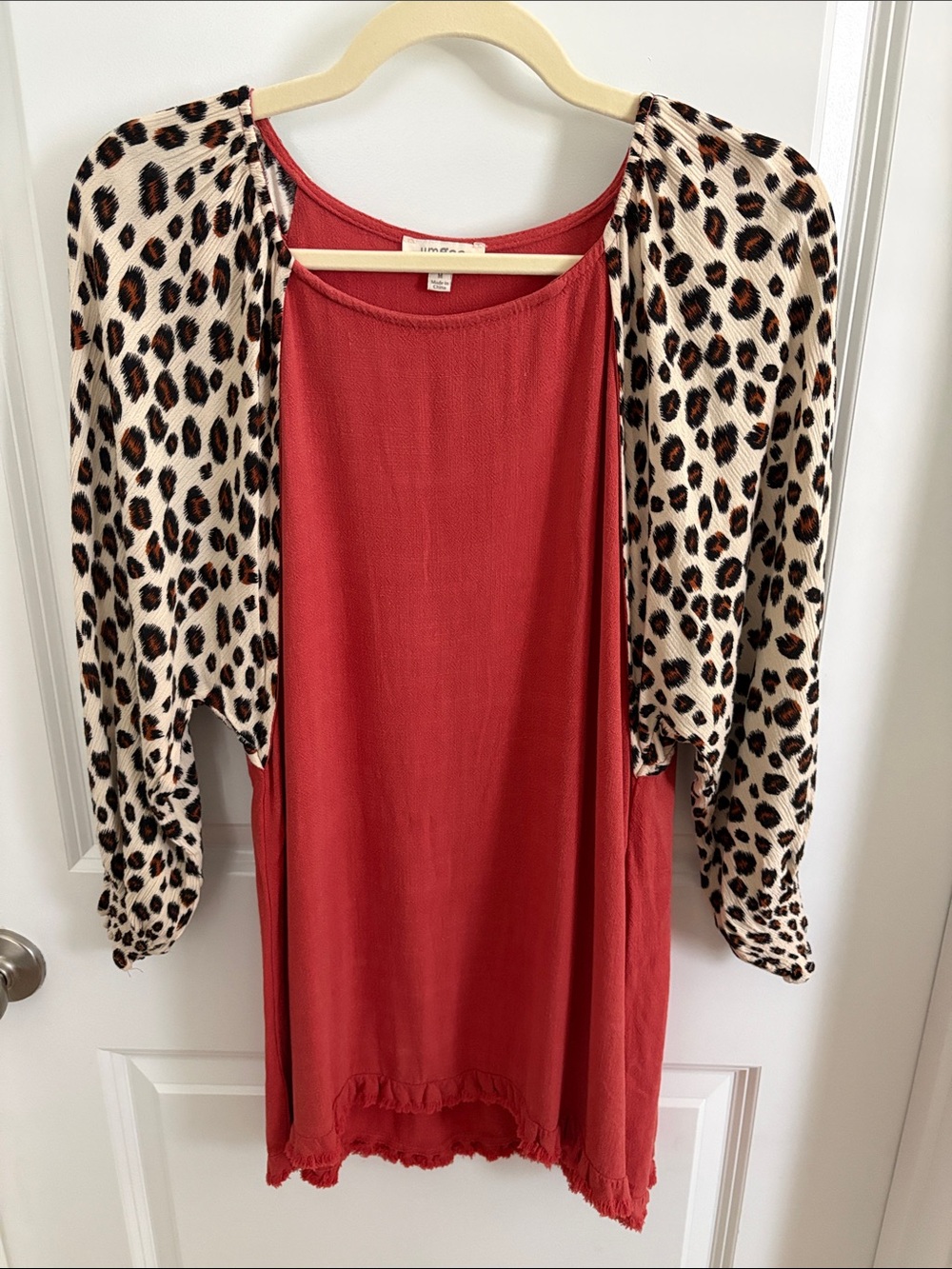 Umgee Red Knit Tunic with Leopard Sleeve Overlay